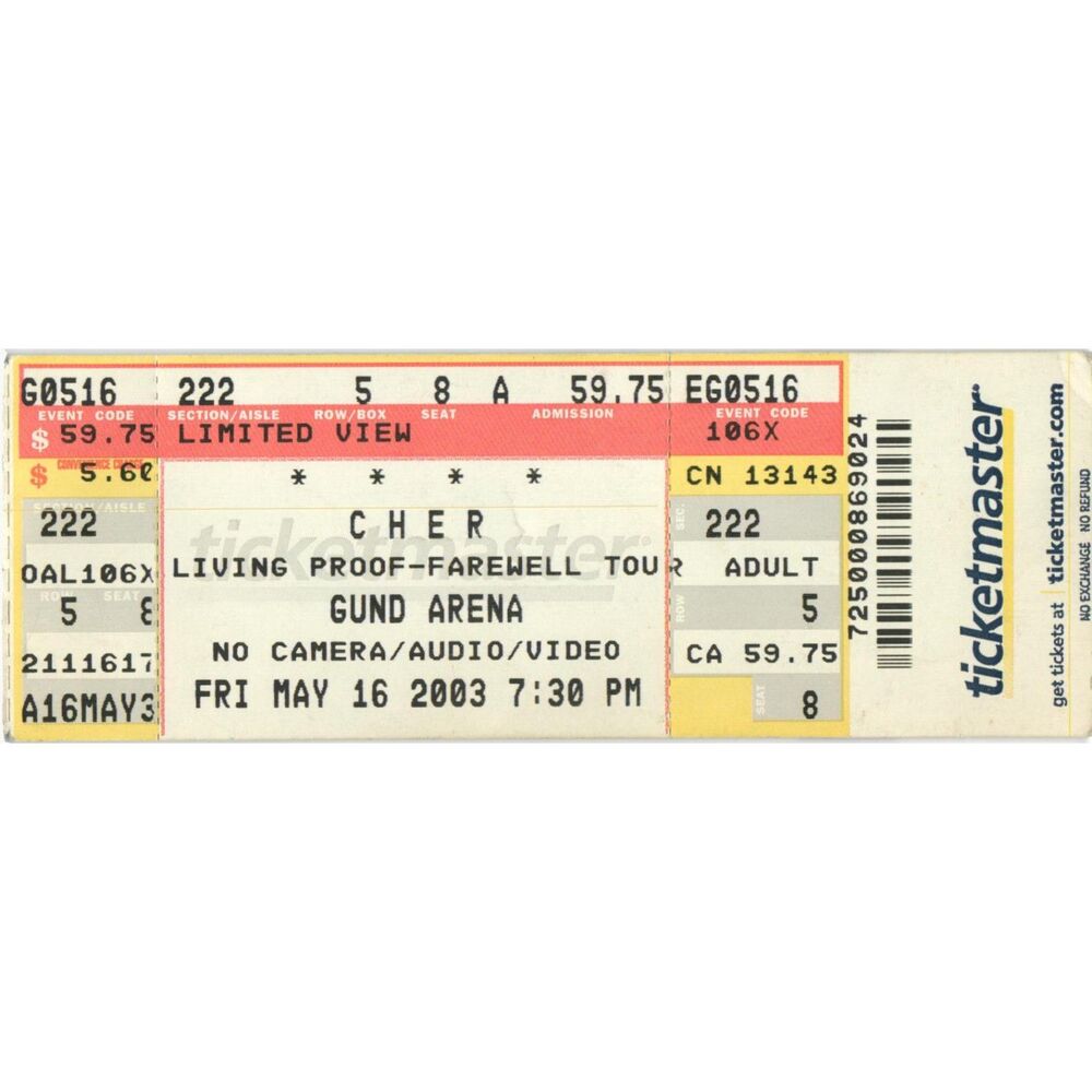 Vintage 2003 Cher Full Concert Ticket Cleveland OH